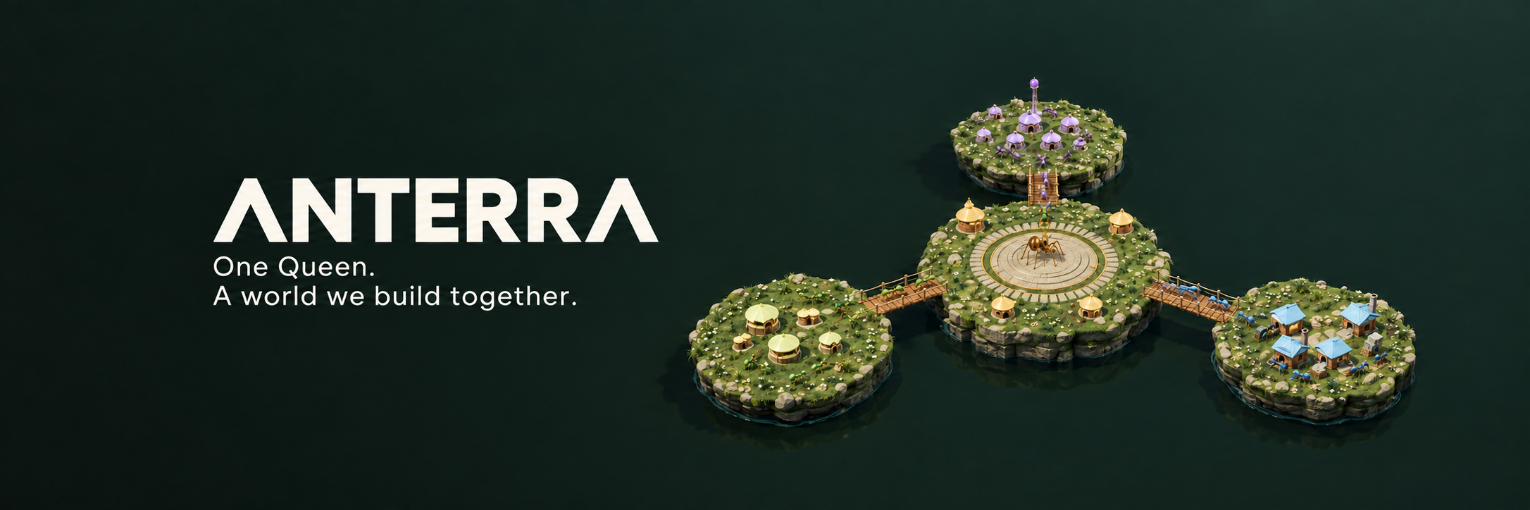 ANTERRA's four grassy islands, wooden bridges and central Queen court